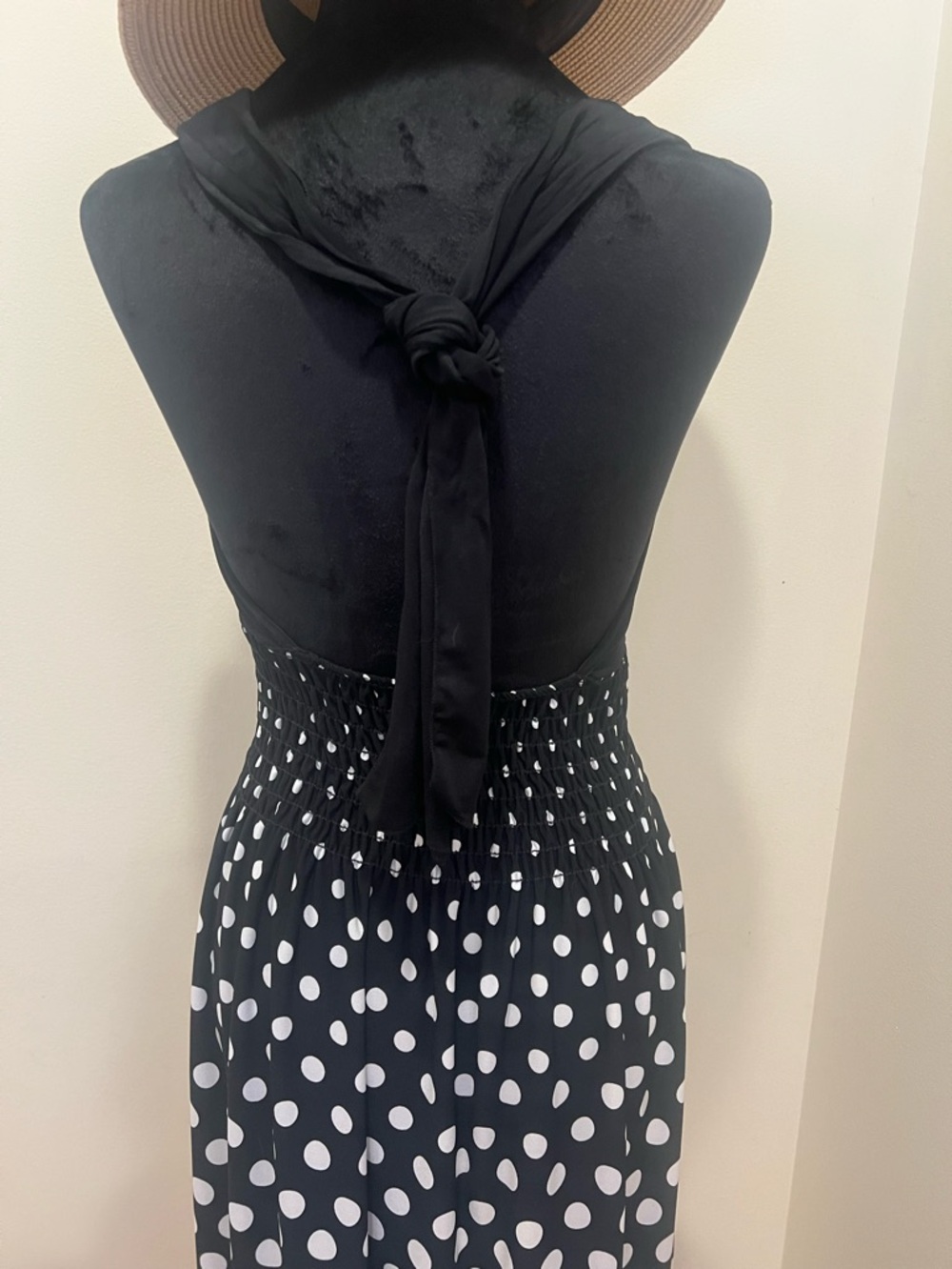 Black White Polka Dot Halter Dress Smocked Waist Fit Flare Pinup Small - Picture 6 of 9